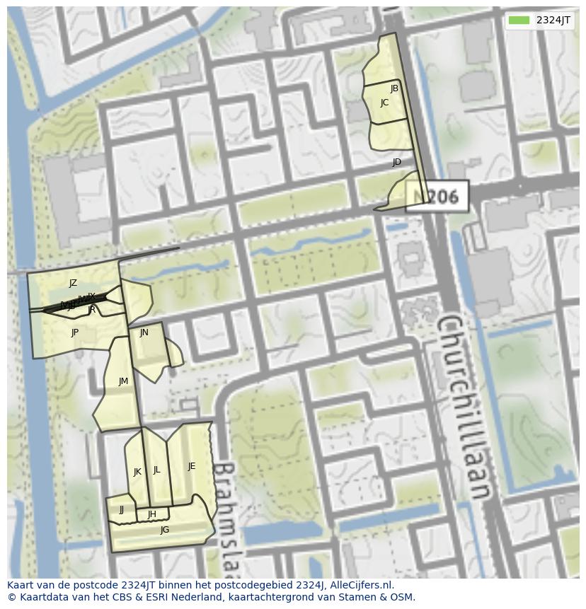 Afbeelding van het postcodegebied 2324 JT op de kaart.