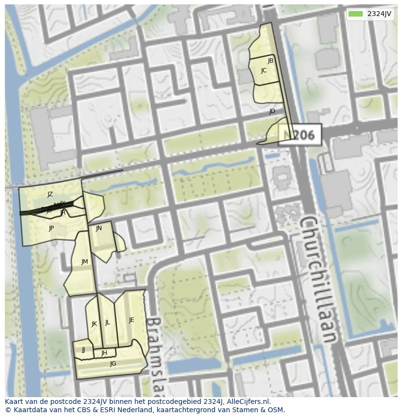 Afbeelding van het postcodegebied 2324 JV op de kaart.