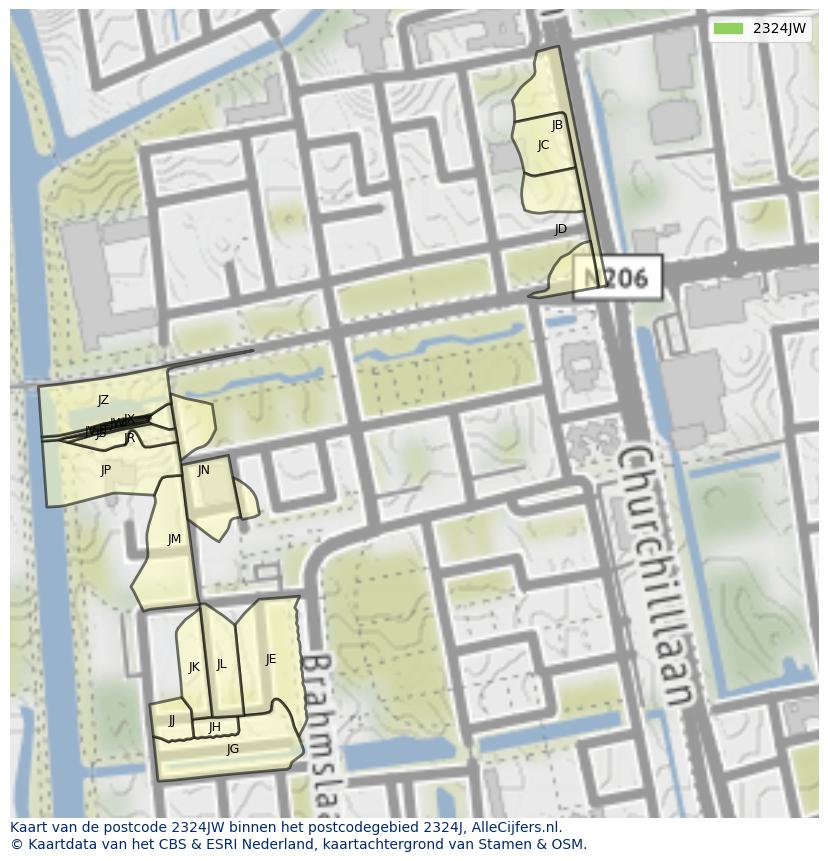 Afbeelding van het postcodegebied 2324 JW op de kaart.