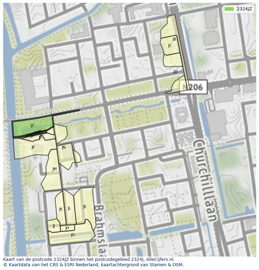 Afbeelding van het postcodegebied 2324 JZ op de kaart.