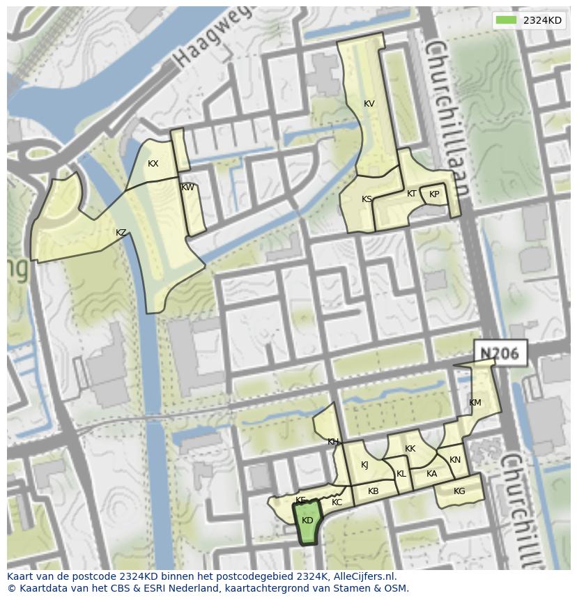 Afbeelding van het postcodegebied 2324 KD op de kaart.