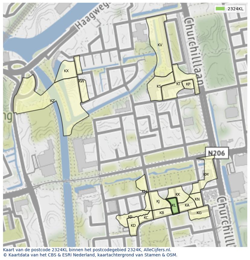 Afbeelding van het postcodegebied 2324 KL op de kaart.