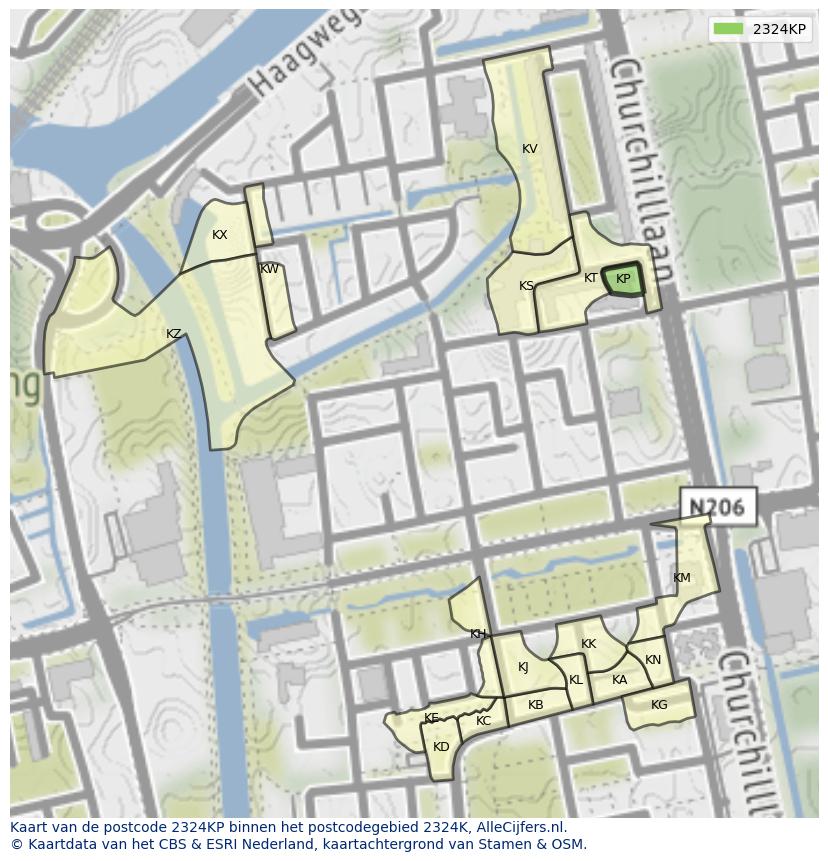 Afbeelding van het postcodegebied 2324 KP op de kaart.