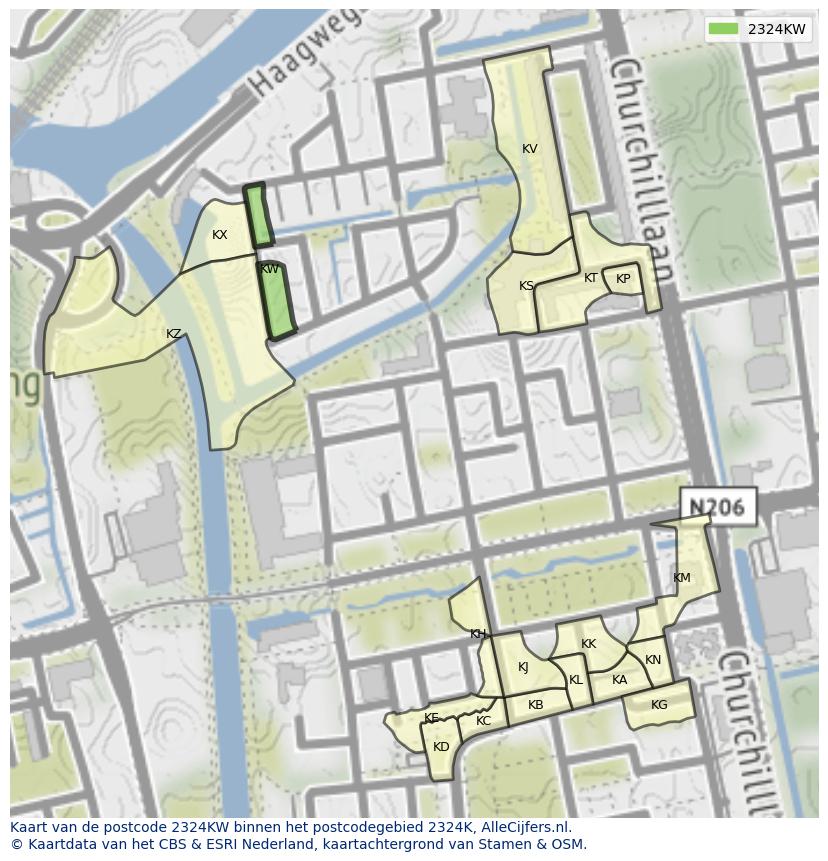 Afbeelding van het postcodegebied 2324 KW op de kaart.