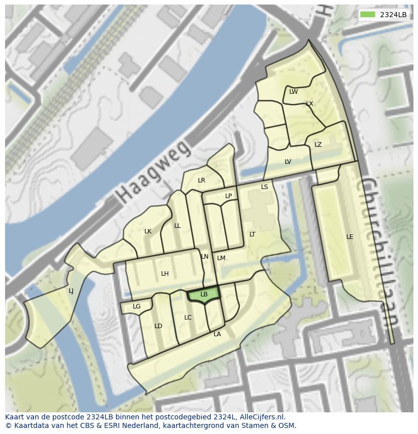 Afbeelding van het postcodegebied 2324 LB op de kaart.