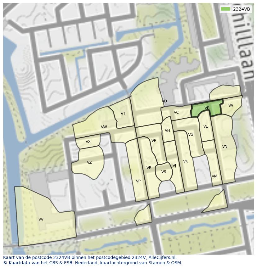 Afbeelding van het postcodegebied 2324 VB op de kaart.