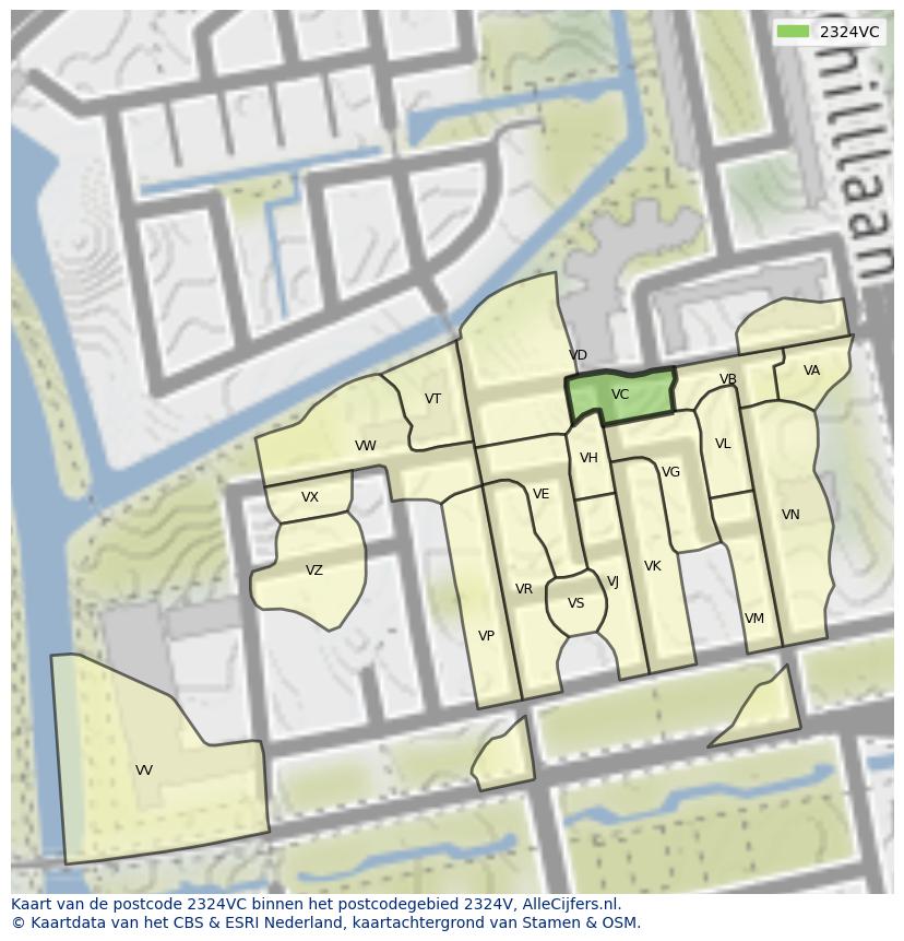 Afbeelding van het postcodegebied 2324 VC op de kaart.