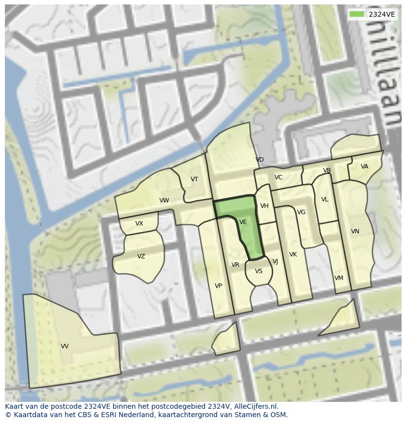 Afbeelding van het postcodegebied 2324 VE op de kaart.