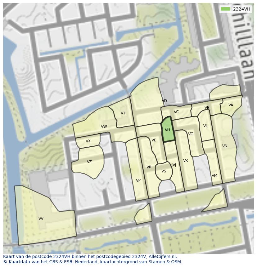 Afbeelding van het postcodegebied 2324 VH op de kaart.