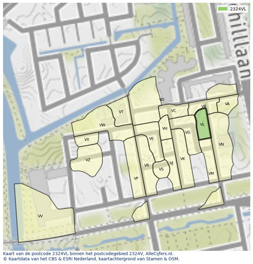 Afbeelding van het postcodegebied 2324 VL op de kaart.