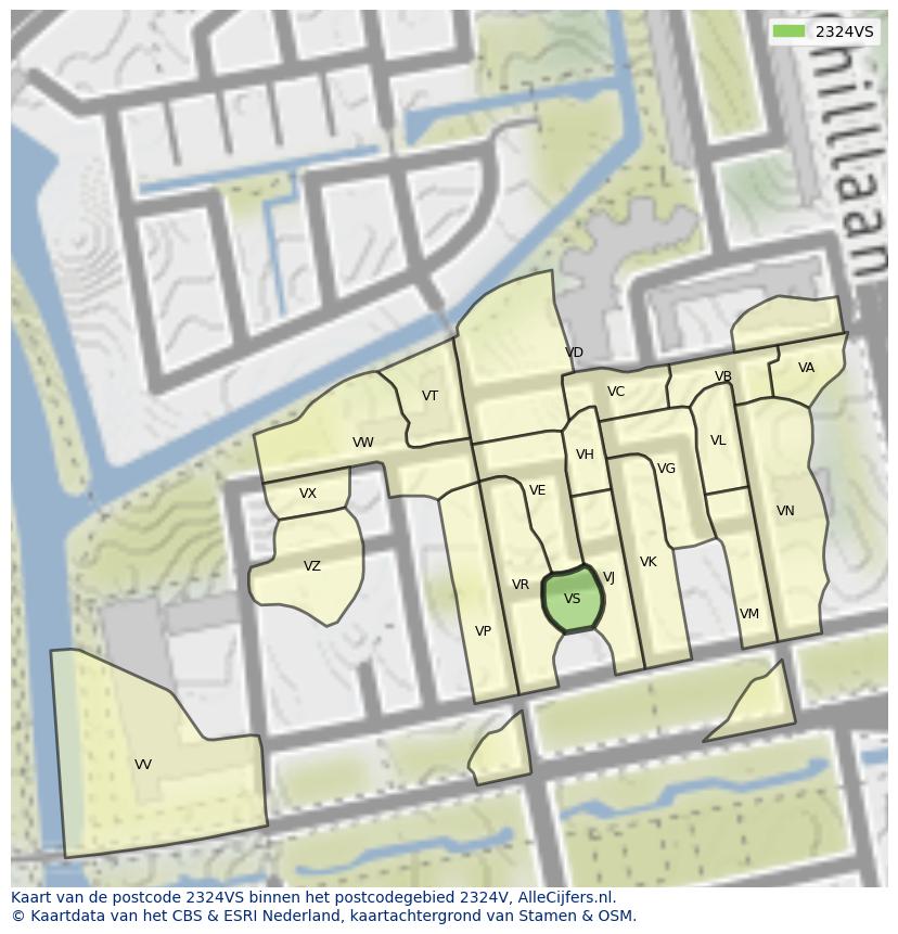 Afbeelding van het postcodegebied 2324 VS op de kaart.