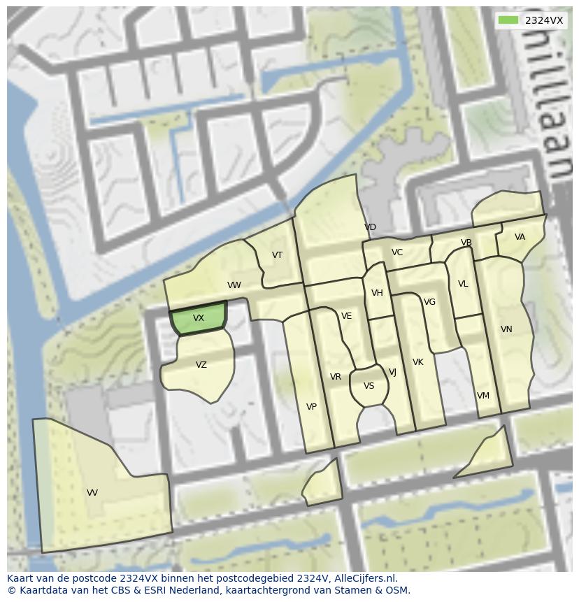 Afbeelding van het postcodegebied 2324 VX op de kaart.