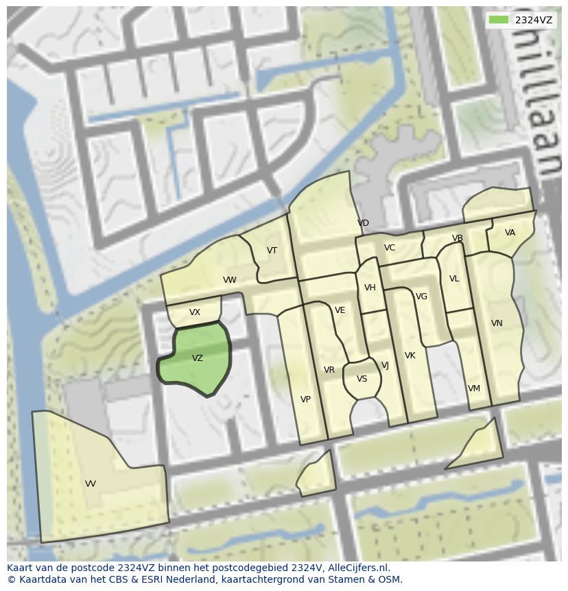 Afbeelding van het postcodegebied 2324 VZ op de kaart.