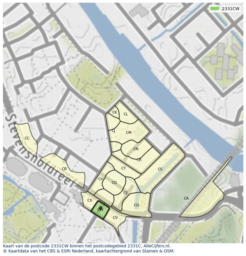Afbeelding van het postcodegebied 2331 CW op de kaart.