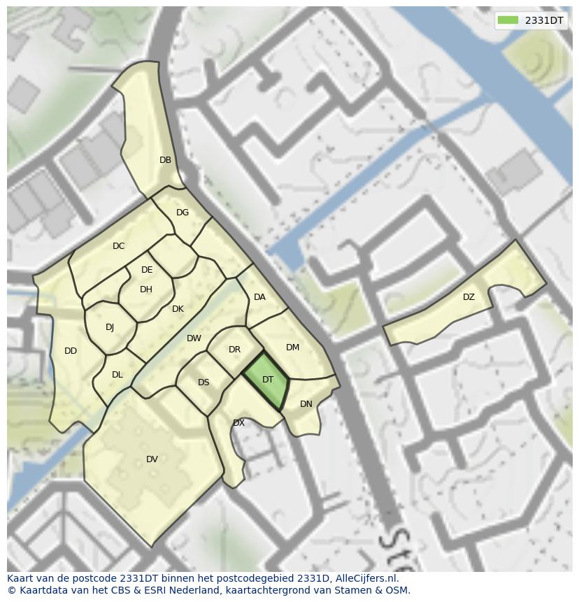 Afbeelding van het postcodegebied 2331 DT op de kaart.