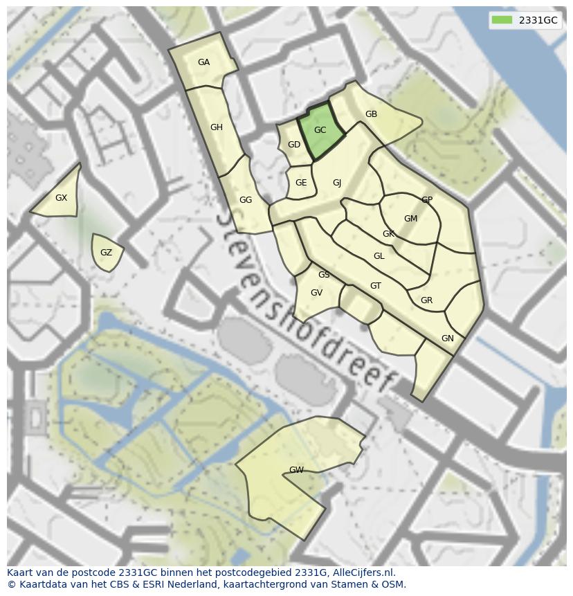 Afbeelding van het postcodegebied 2331 GC op de kaart.