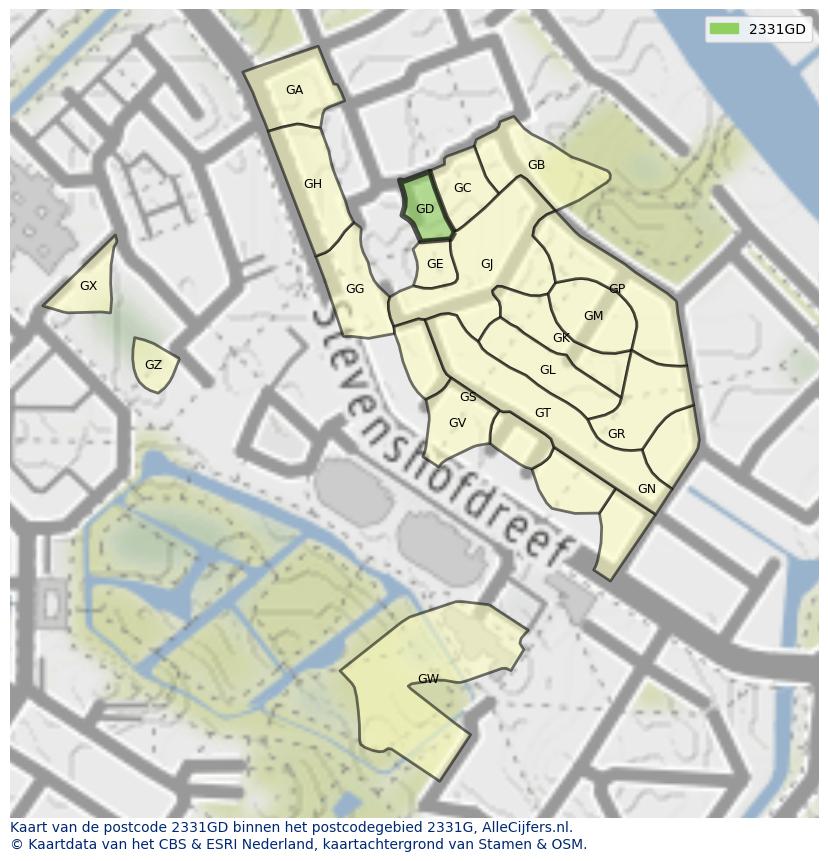 Afbeelding van het postcodegebied 2331 GD op de kaart.
