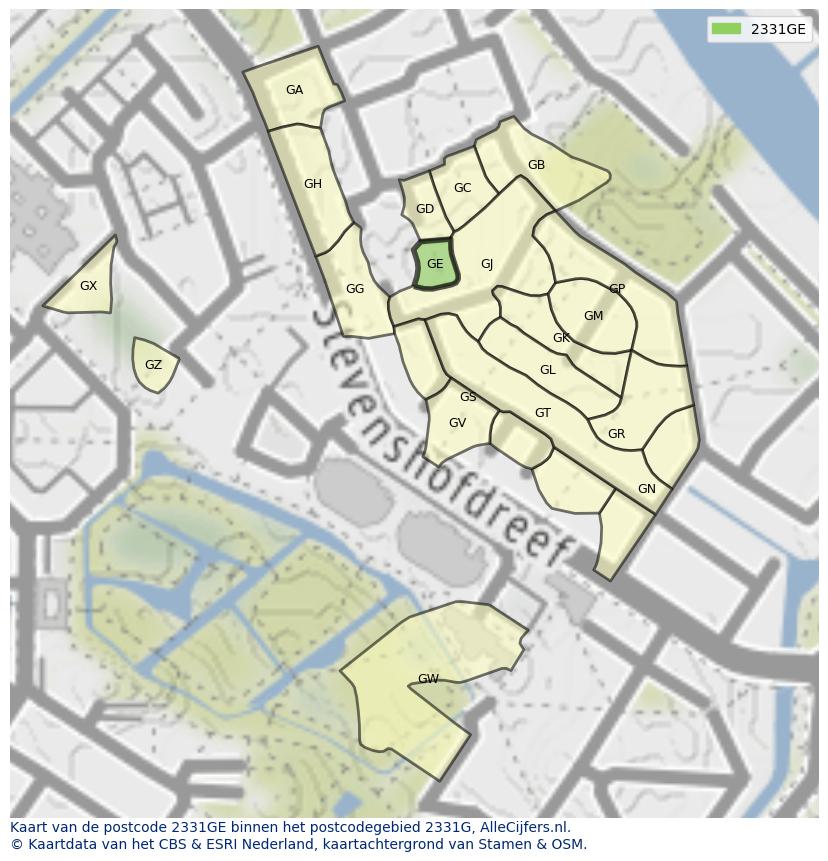 Afbeelding van het postcodegebied 2331 GE op de kaart.
