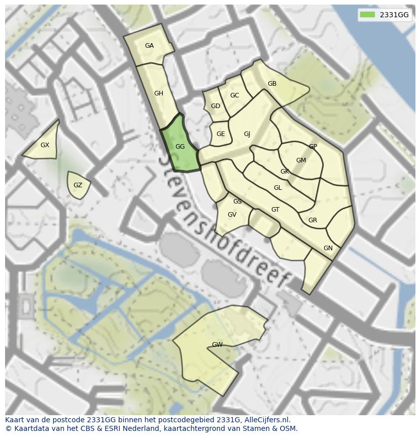 Afbeelding van het postcodegebied 2331 GG op de kaart.