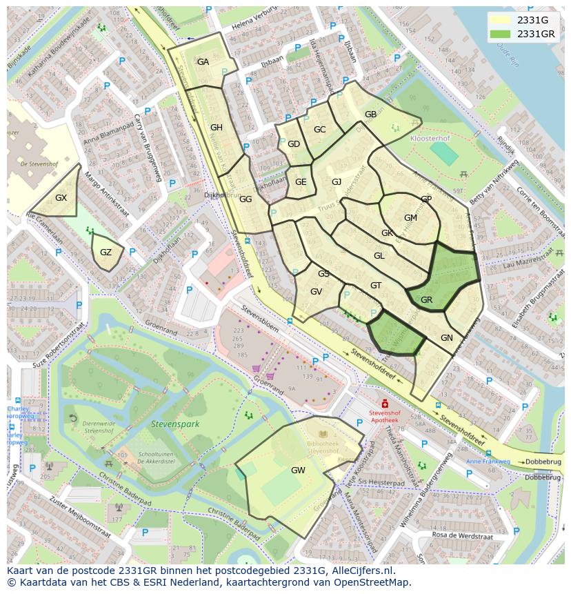 Afbeelding van het postcodegebied 2331 GR op de kaart.