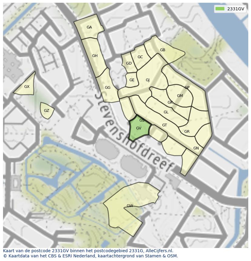 Afbeelding van het postcodegebied 2331 GV op de kaart.