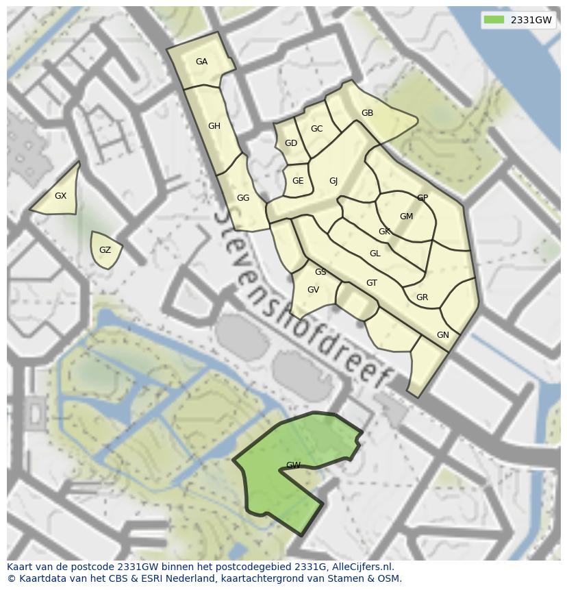 Afbeelding van het postcodegebied 2331 GW op de kaart.