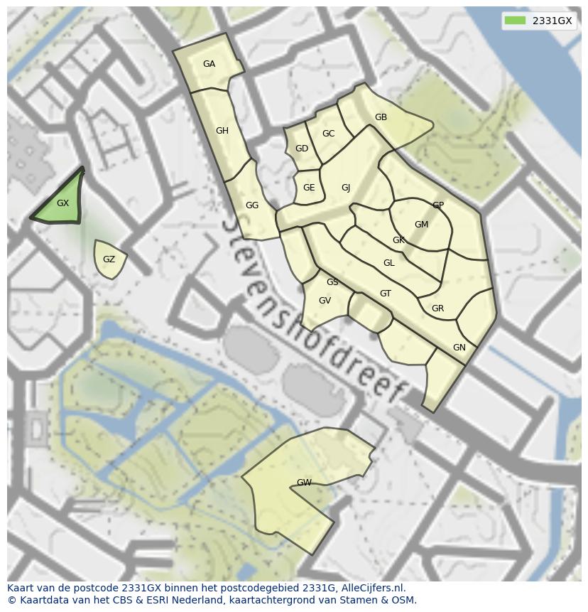 Afbeelding van het postcodegebied 2331 GX op de kaart.