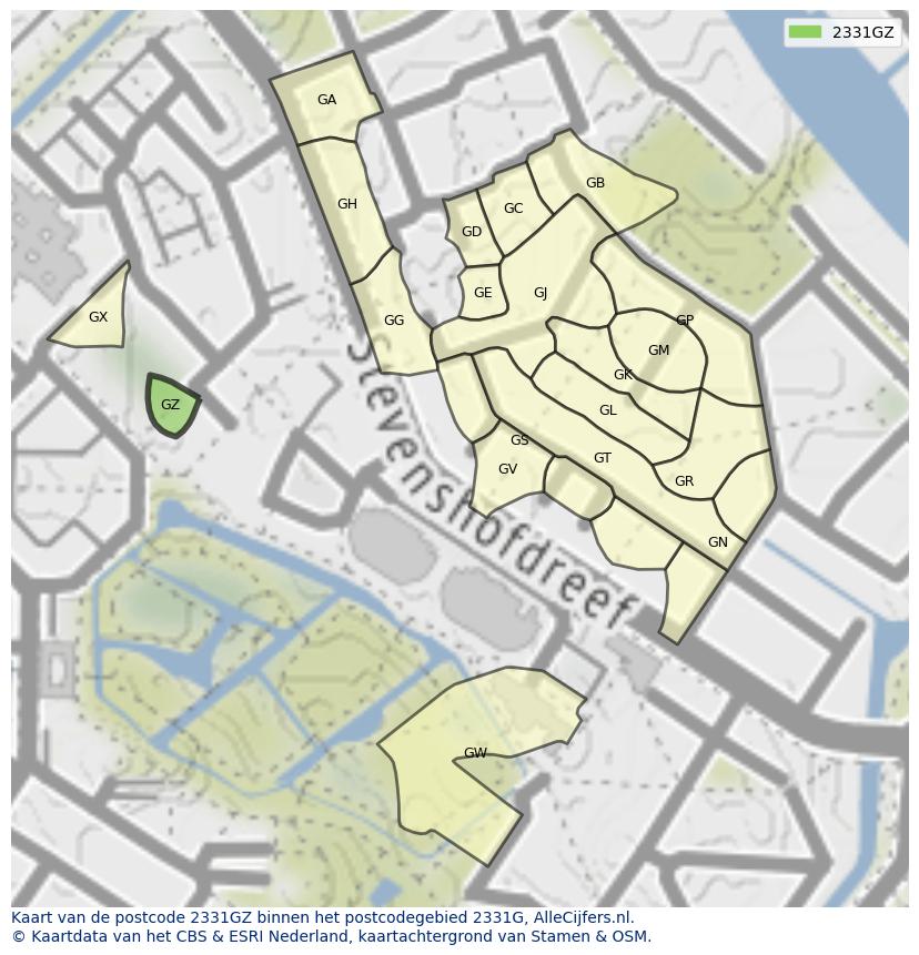 Afbeelding van het postcodegebied 2331 GZ op de kaart.