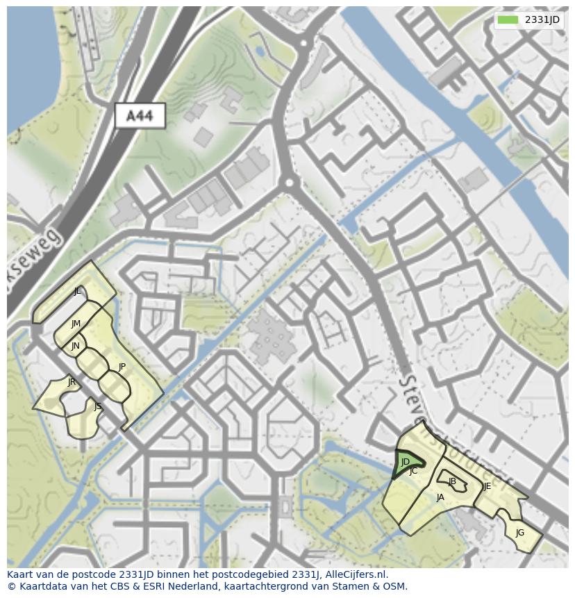 Afbeelding van het postcodegebied 2331 JD op de kaart.