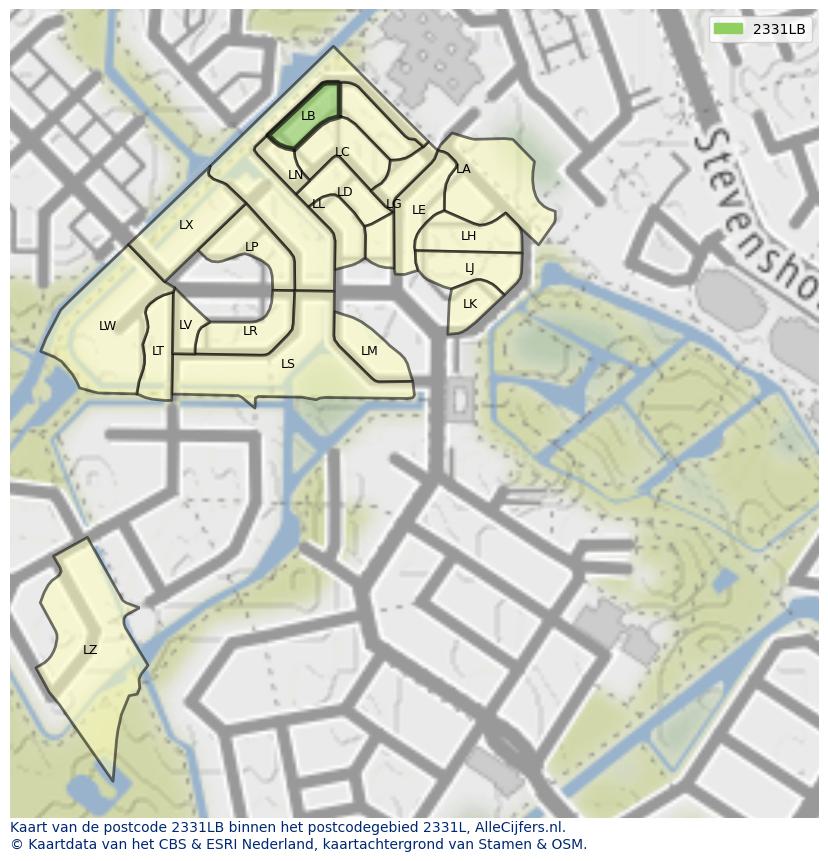 Afbeelding van het postcodegebied 2331 LB op de kaart.