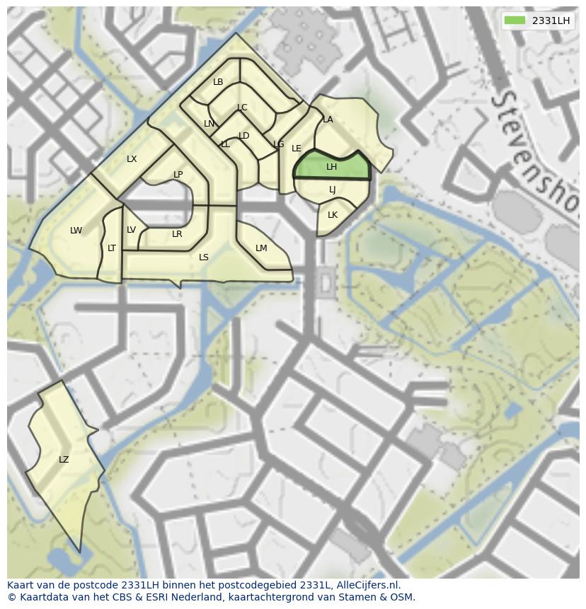 Afbeelding van het postcodegebied 2331 LH op de kaart.