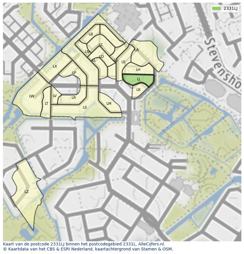 Afbeelding van het postcodegebied 2331 LJ op de kaart.