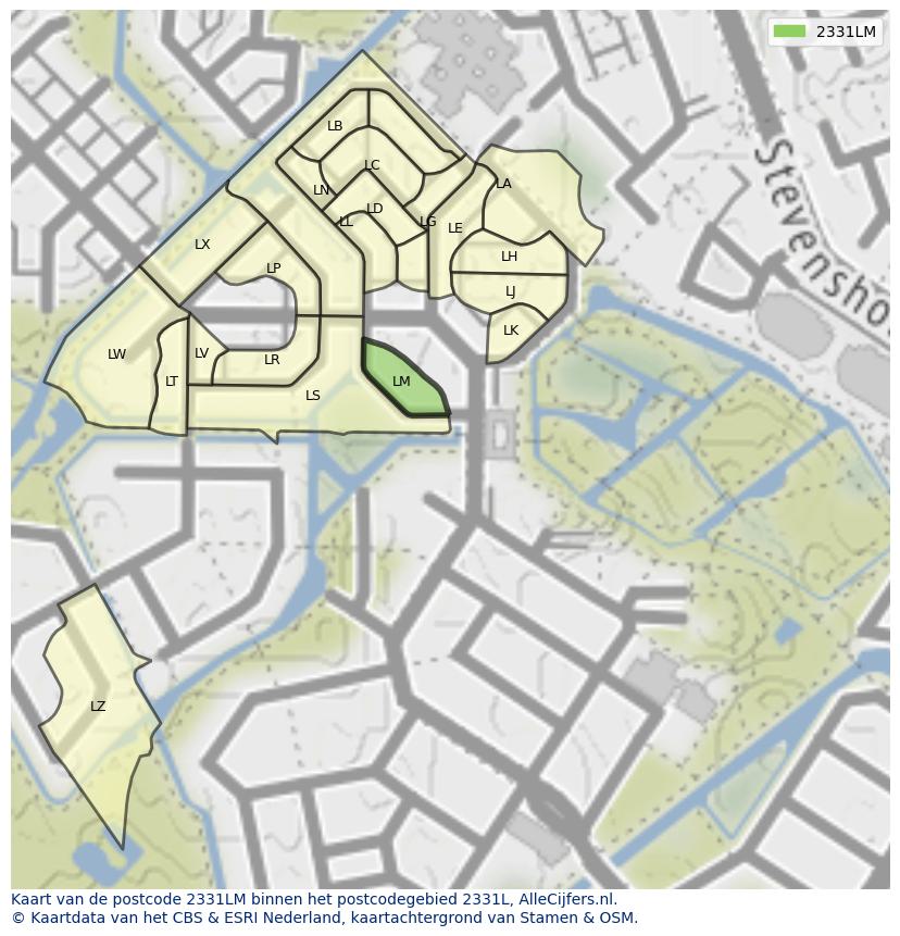 Afbeelding van het postcodegebied 2331 LM op de kaart.
