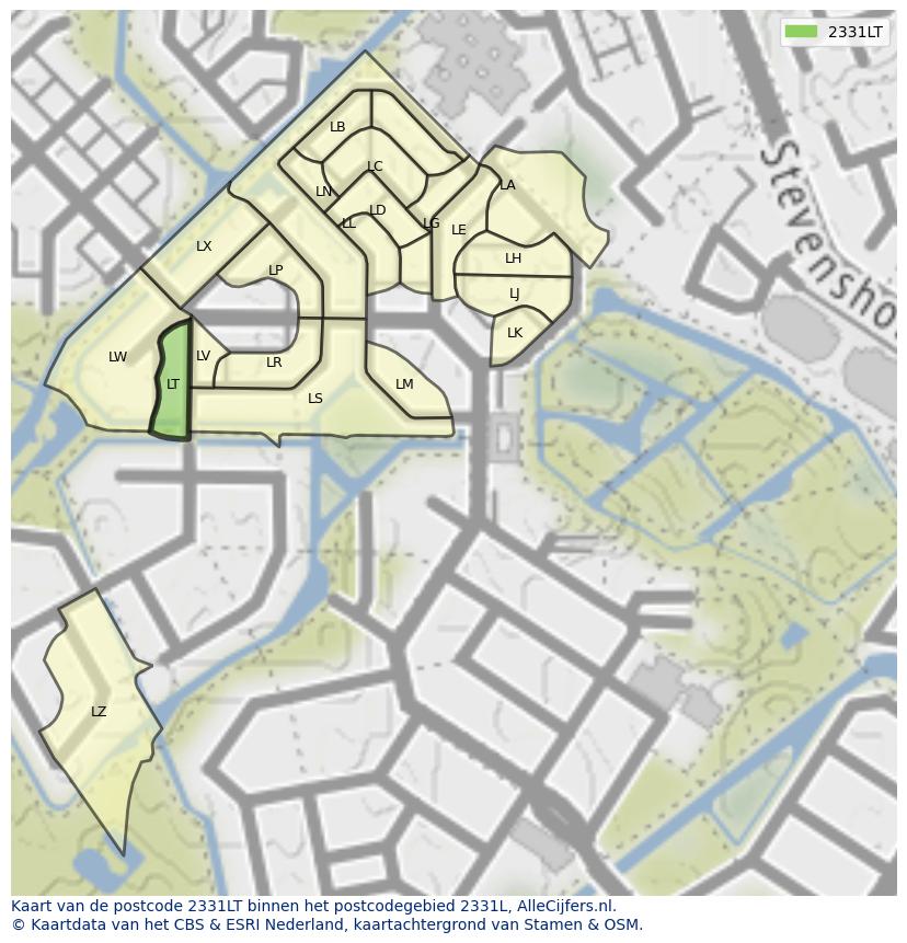 Afbeelding van het postcodegebied 2331 LT op de kaart.