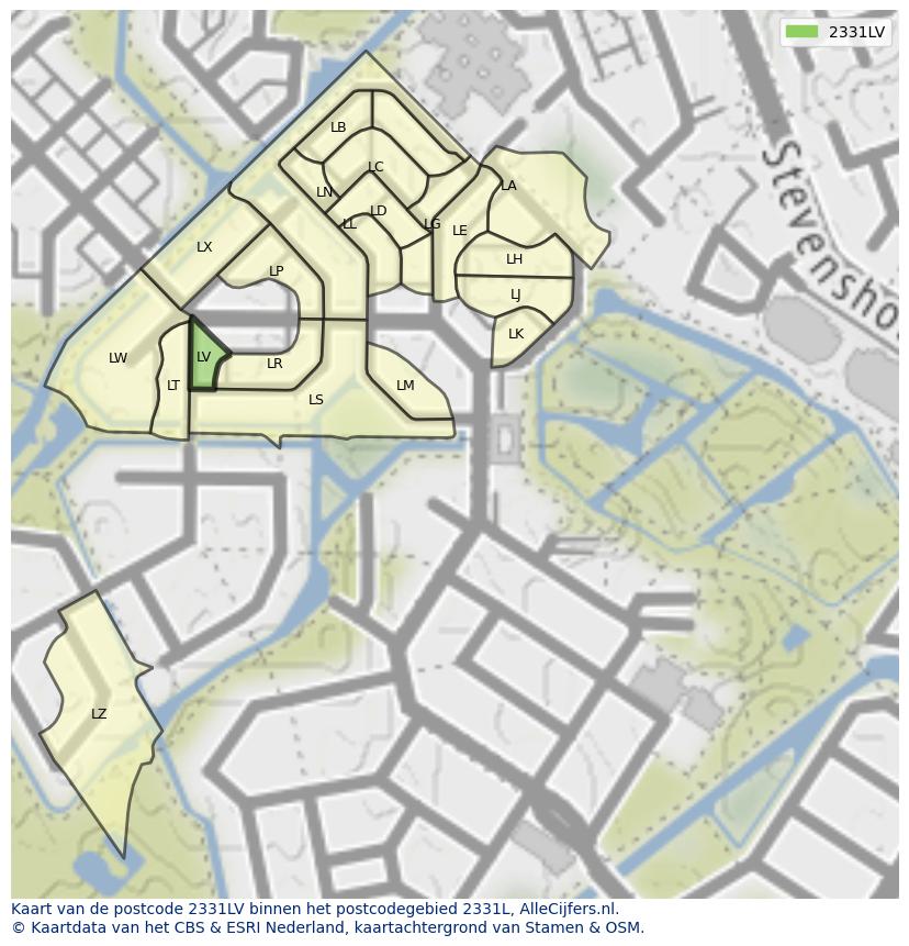 Afbeelding van het postcodegebied 2331 LV op de kaart.