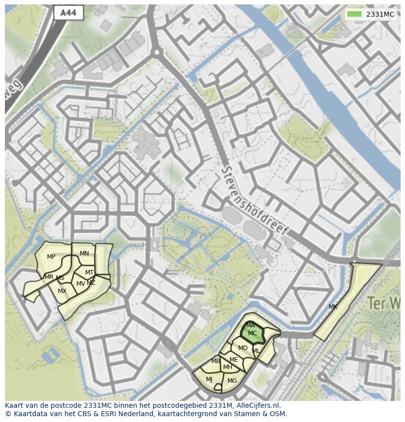 Afbeelding van het postcodegebied 2331 MC op de kaart.