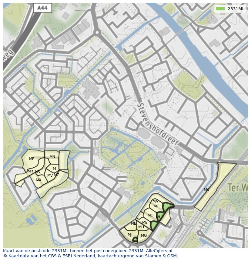 Afbeelding van het postcodegebied 2331 ML op de kaart.