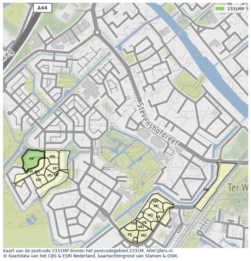 Afbeelding van het postcodegebied 2331 MP op de kaart.