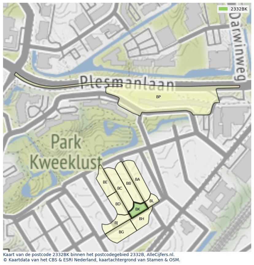 Afbeelding van het postcodegebied 2332 BK op de kaart.