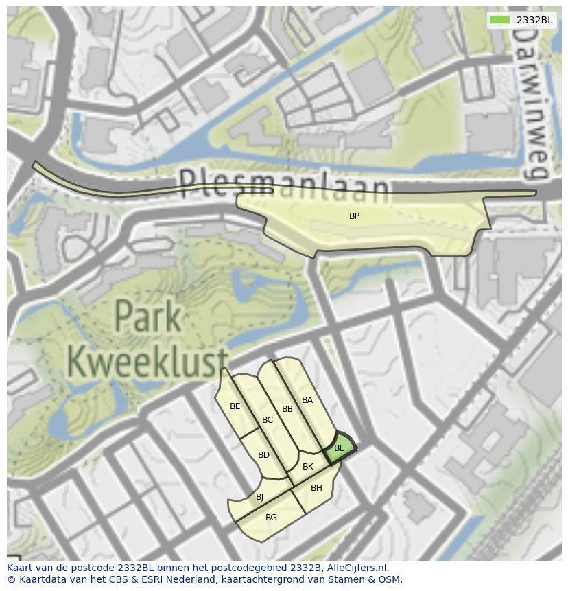 Afbeelding van het postcodegebied 2332 BL op de kaart.