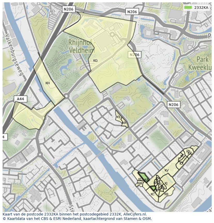 Afbeelding van het postcodegebied 2332 KA op de kaart.
