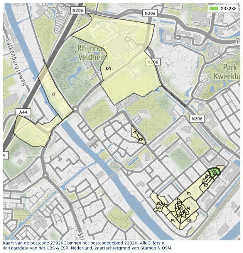 Afbeelding van het postcodegebied 2332 KE op de kaart.