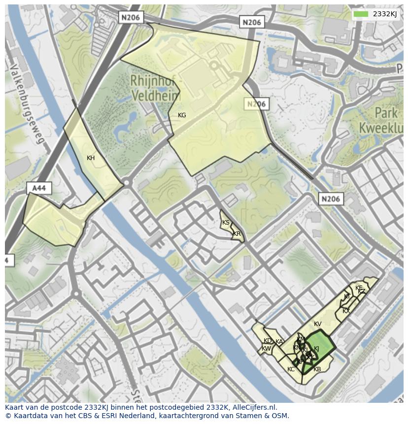 Afbeelding van het postcodegebied 2332 KJ op de kaart.