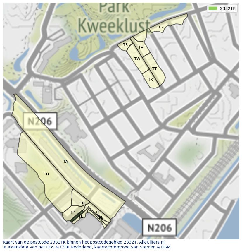 Afbeelding van het postcodegebied 2332 TK op de kaart.