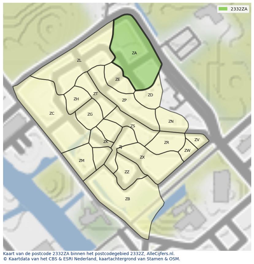 Afbeelding van het postcodegebied 2332 ZA op de kaart.