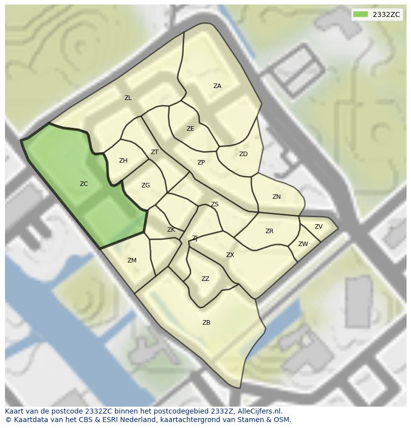 Afbeelding van het postcodegebied 2332 ZC op de kaart.