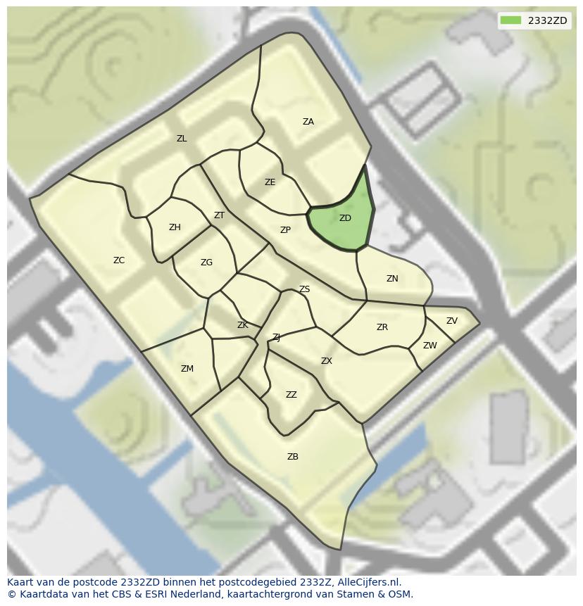 Afbeelding van het postcodegebied 2332 ZD op de kaart.