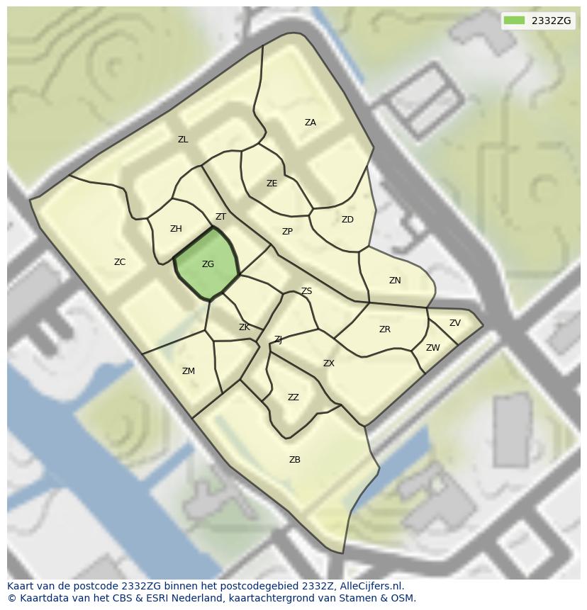 Afbeelding van het postcodegebied 2332 ZG op de kaart.