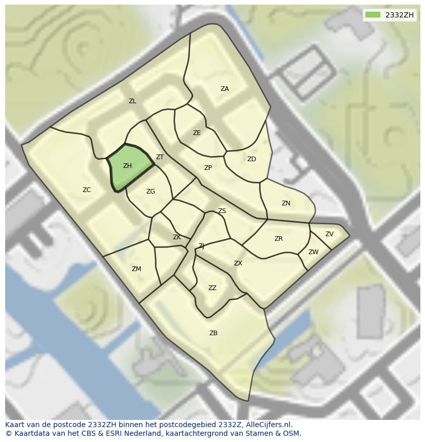 Afbeelding van het postcodegebied 2332 ZH op de kaart.