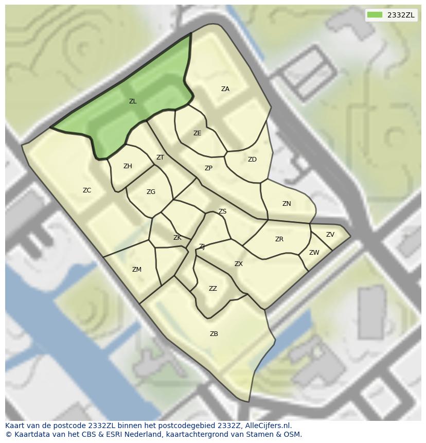 Afbeelding van het postcodegebied 2332 ZL op de kaart.